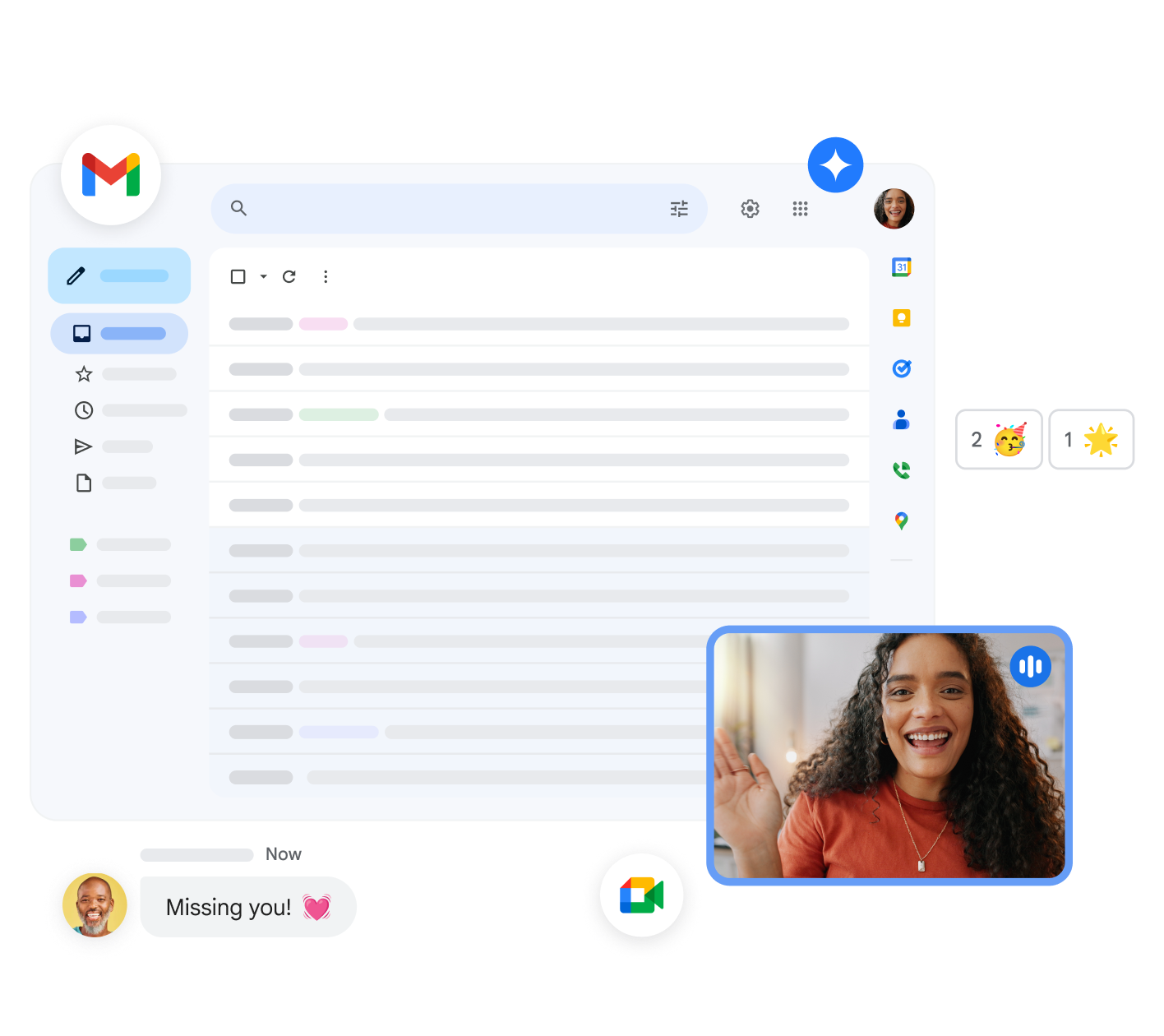 Gmail 收件箱屏幕，显示了放大的功能图标